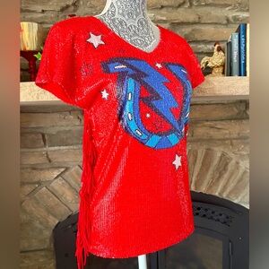 Double D Ranch Red Sequin Top with Blue and White Accents